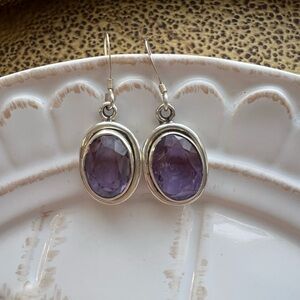 Vintage Oval Purple Gemstone Dangle Earrings Silver Tone Setting